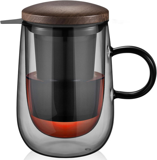 430ml Hand-Blown Glass Tea Mug ｜ With Stainless Steel Infuser & Wooden Lid ｜ Modern Minimalist Large Capacity Heat-Resistant Cup for Home & Office