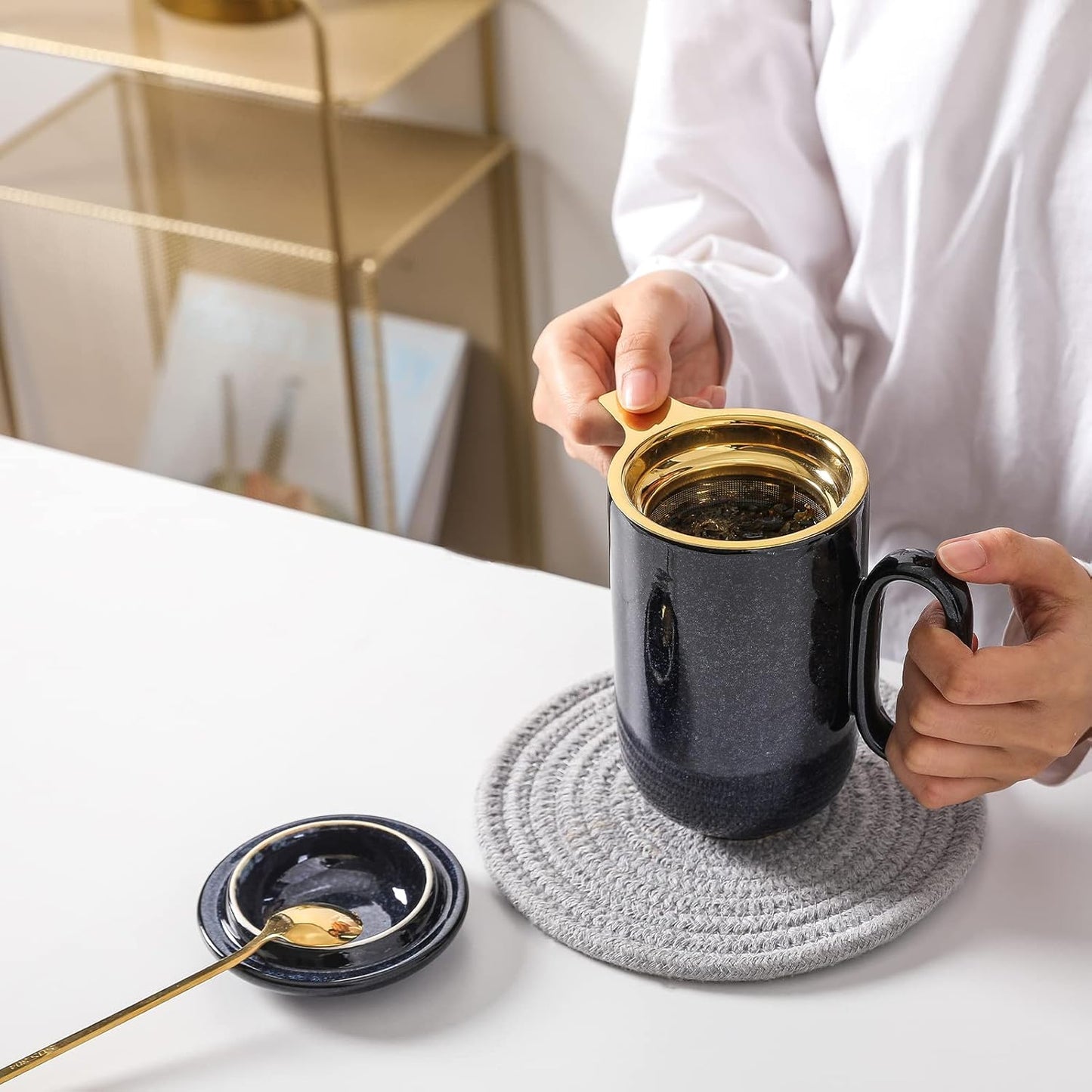 16oz Premium Ceramic Tea Mug Set ｜ With Golden Stainless Steel Infuser, Ceramic Lid & Long Spoon ｜ Elegant Large Mug for Office & Home