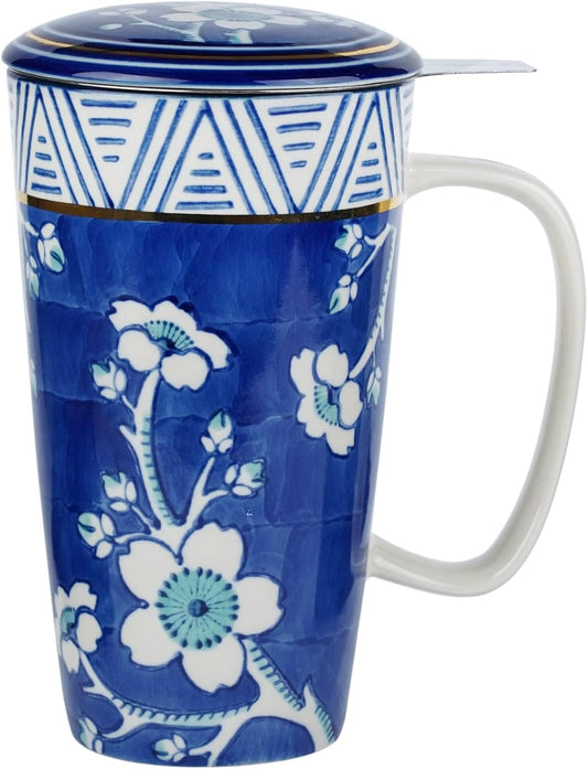 【Blue & White Floral Ceramic Tea Mug】17oz Large Tea Cup with Lid & Stainless Steel Infuser | Elegant Oriental Style