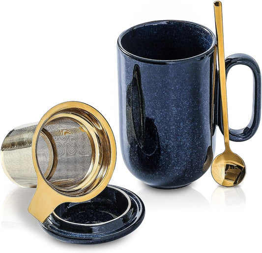 16oz Premium Ceramic Tea Mug Set ｜ With Golden Stainless Steel Infuser, Ceramic Lid & Long Spoon ｜ Elegant Large Mug for Office & Home