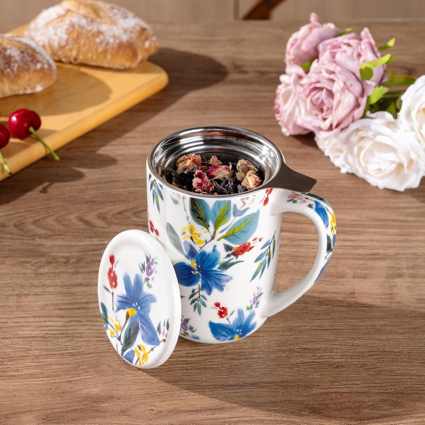 18oz Floral Porcelain Tea Mug ｜ With Stainless Steel Infuser & Lid ｜ Large Capacity Mug for Tea, Coffee & Herbal Drinks