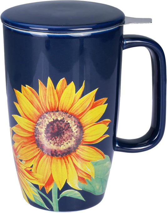 【Sunflower Tea Mug with Infuser & Lid】17oz Large Ceramic Tea Cup | Stainless Steel Strainer | Stylish Gift for Home & Office