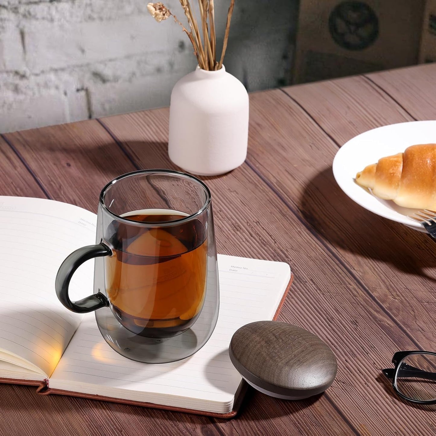 430ml Hand-Blown Glass Tea Mug ｜ With Stainless Steel Infuser & Wooden Lid ｜ Modern Minimalist Large Capacity Heat-Resistant Cup for Home & Office