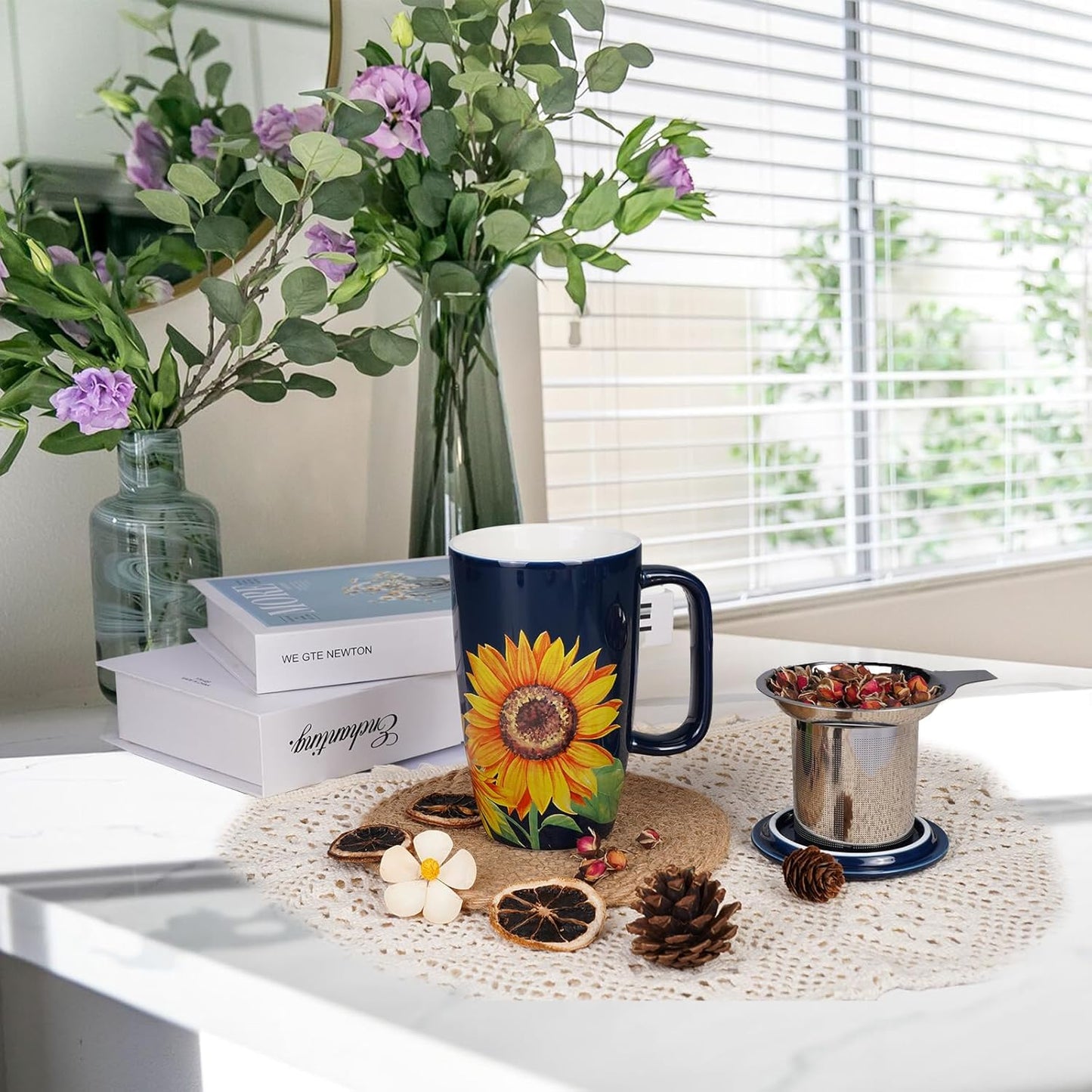 【Sunflower Tea Mug with Infuser & Lid】17oz Large Ceramic Tea Cup | Stainless Steel Strainer | Stylish Gift for Home & Office