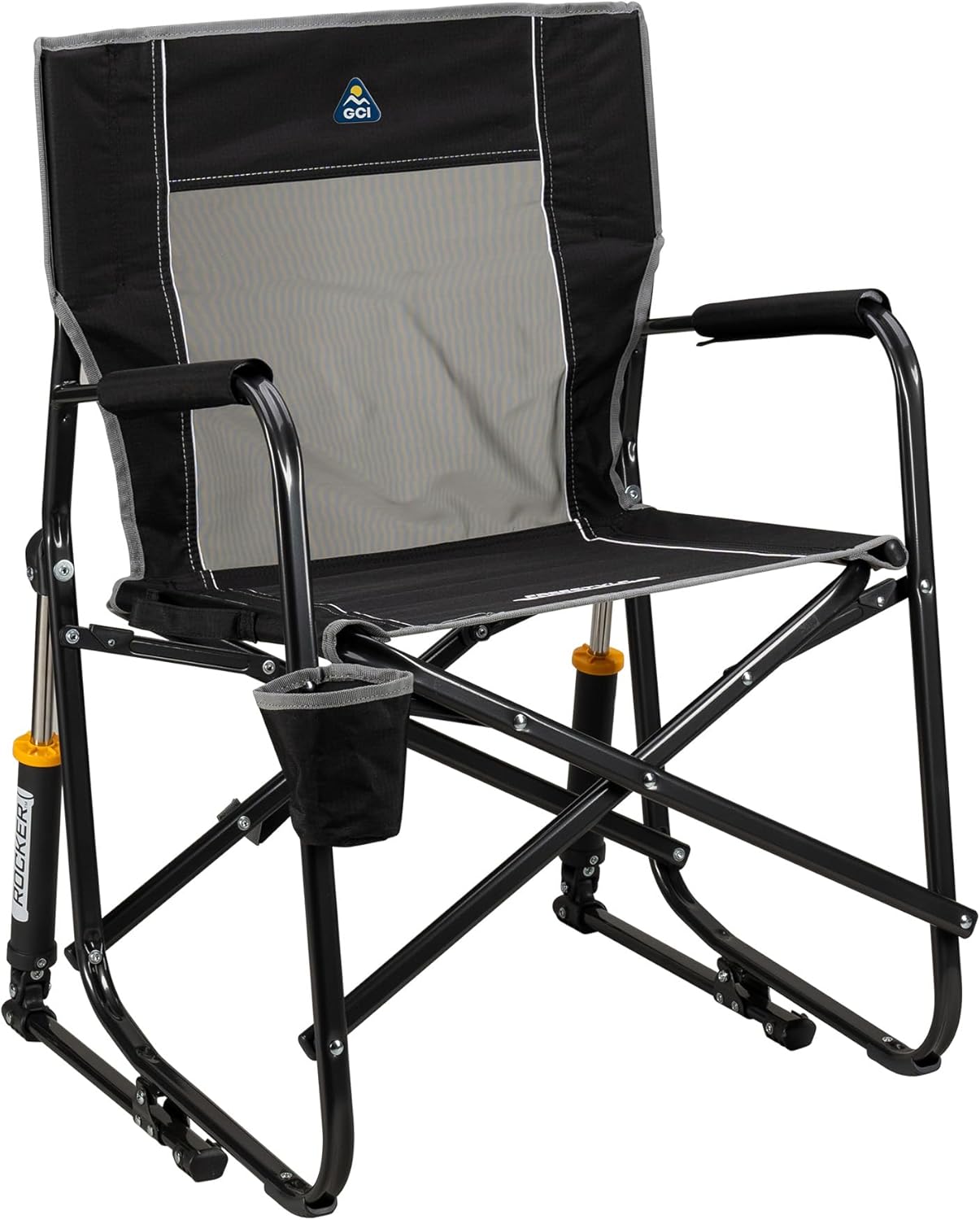 GCI Outdoor Freestyle Rocker XL with Side Table Camping Chair | Portable Folding Rocking Chair with Solid, Durable Armrests, Drink Holder & Comfortable Backrest — Black