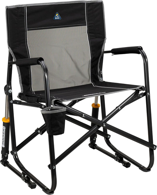 GCI Outdoor Freestyle Rocker XL with Side Table Camping Chair | Portable Folding Rocking Chair with Solid, Durable Armrests, Drink Holder & Comfortable Backrest — Black
